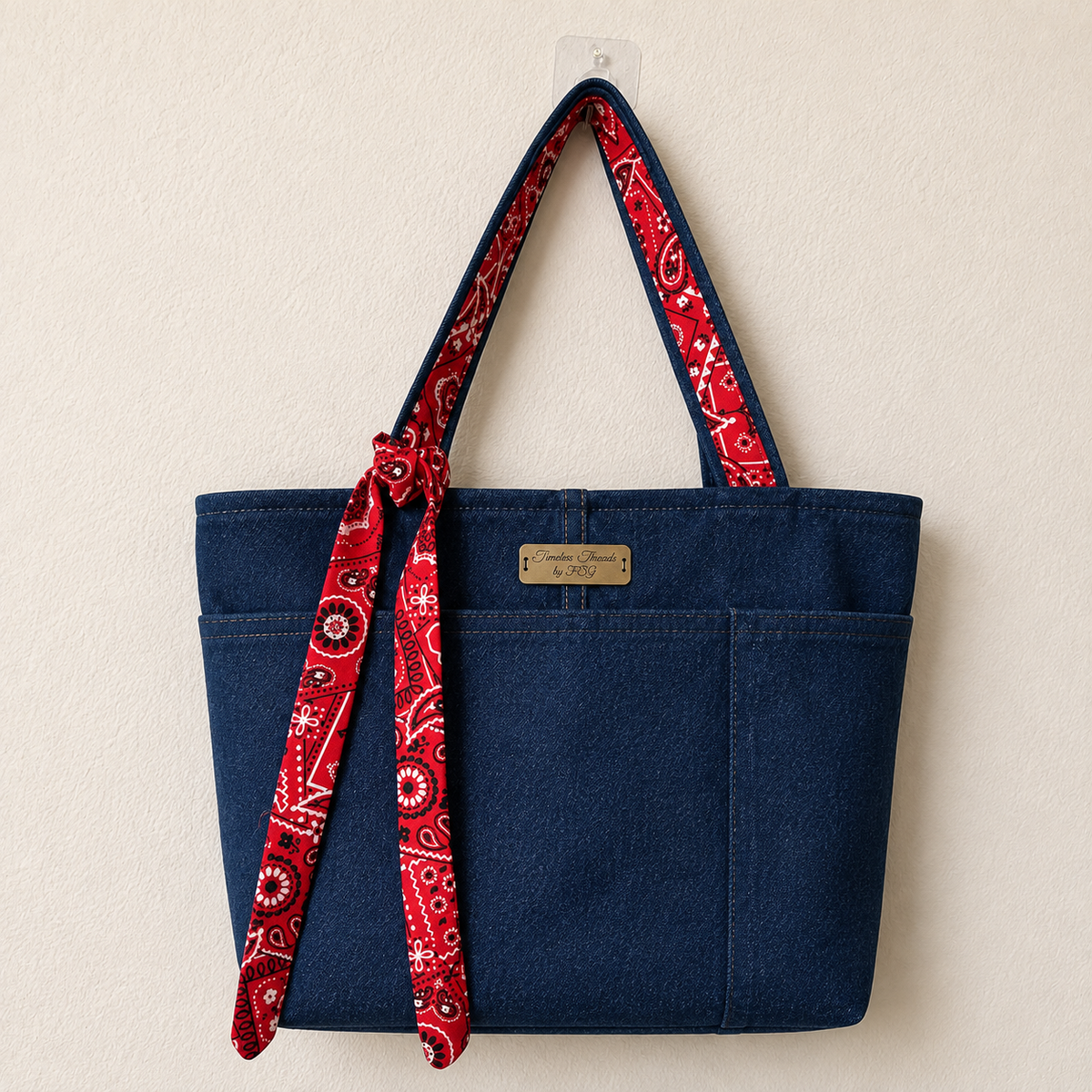 Upcycled Denim Tote Bag with Red Bandana Accent – Handmade