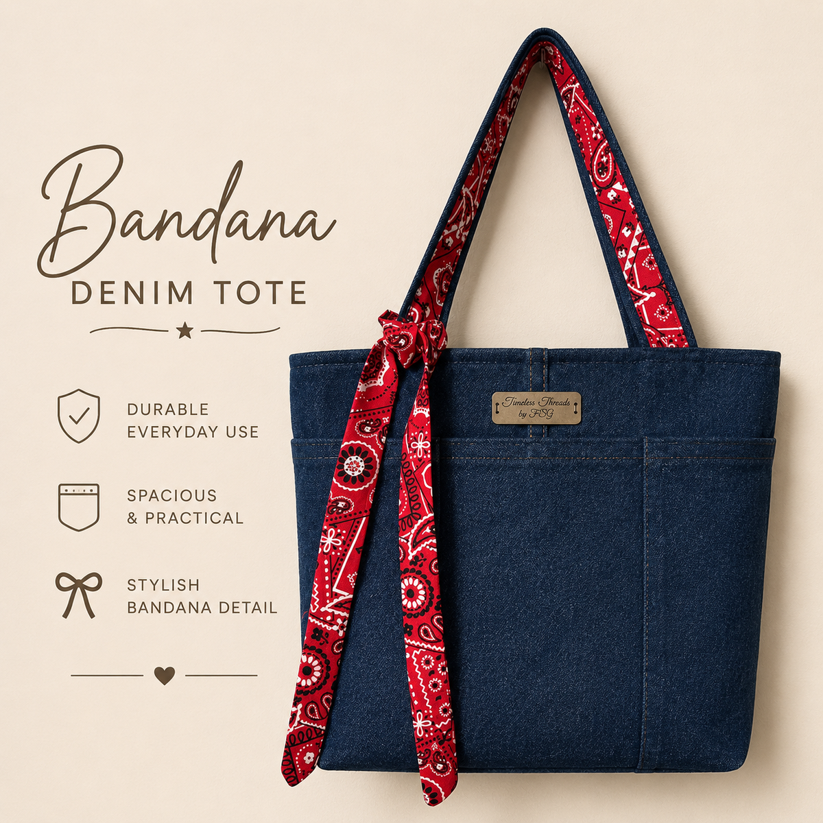 Upcycled Denim Tote Bag with Red Bandana Accent – Handmade