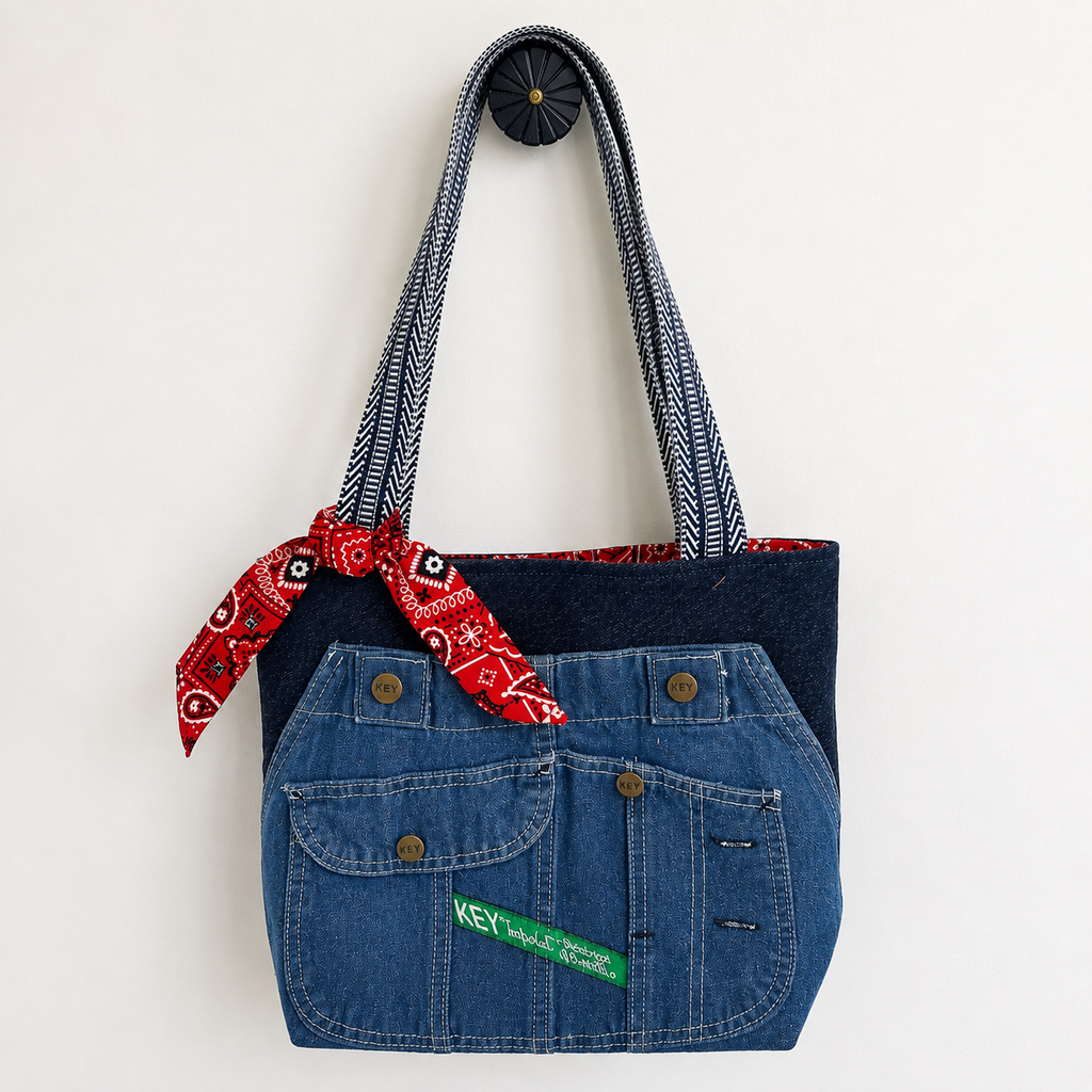 The Overall Bib Tote - Upcycled Denim & Bandana Tote