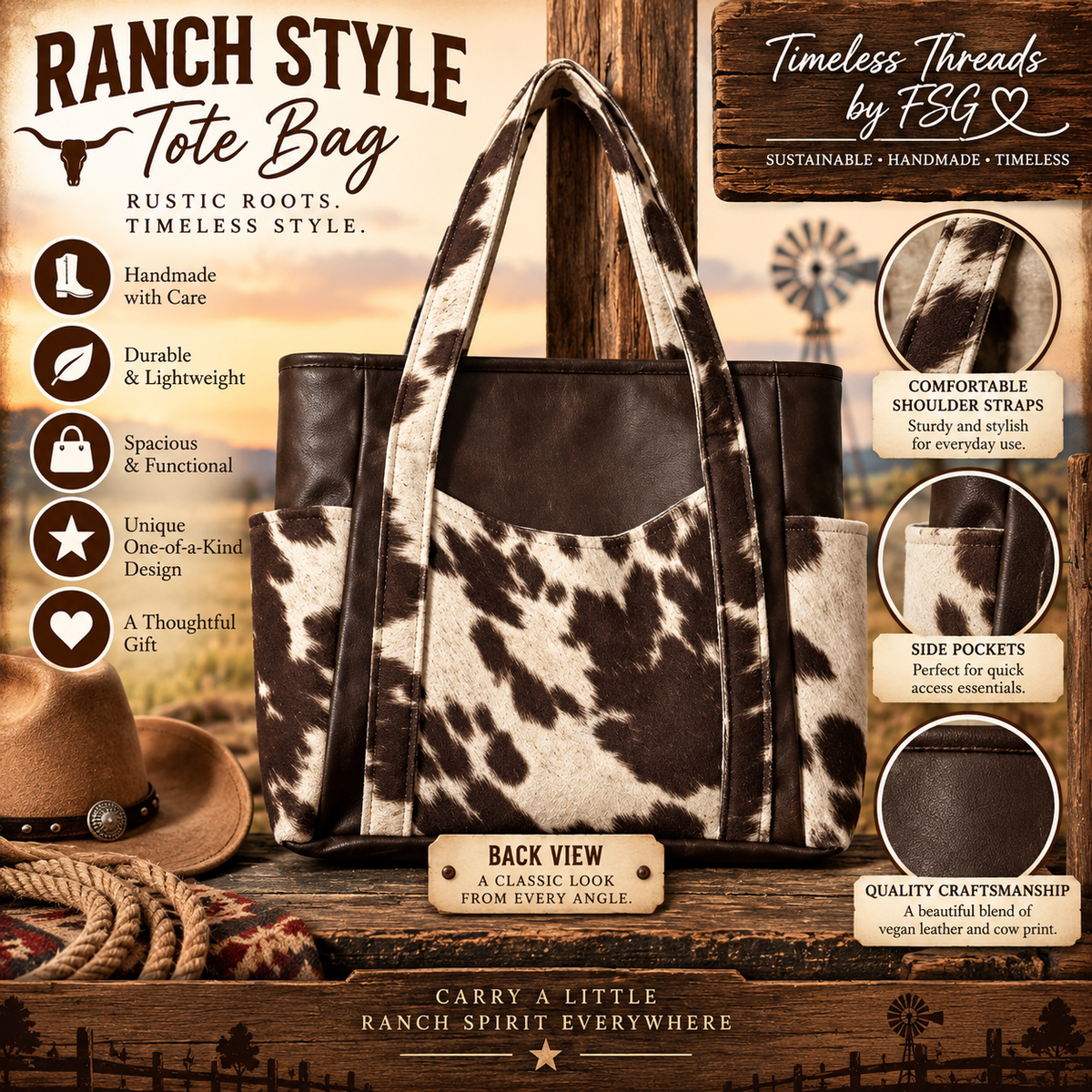 Ranch Style Cow Print Tote Bag