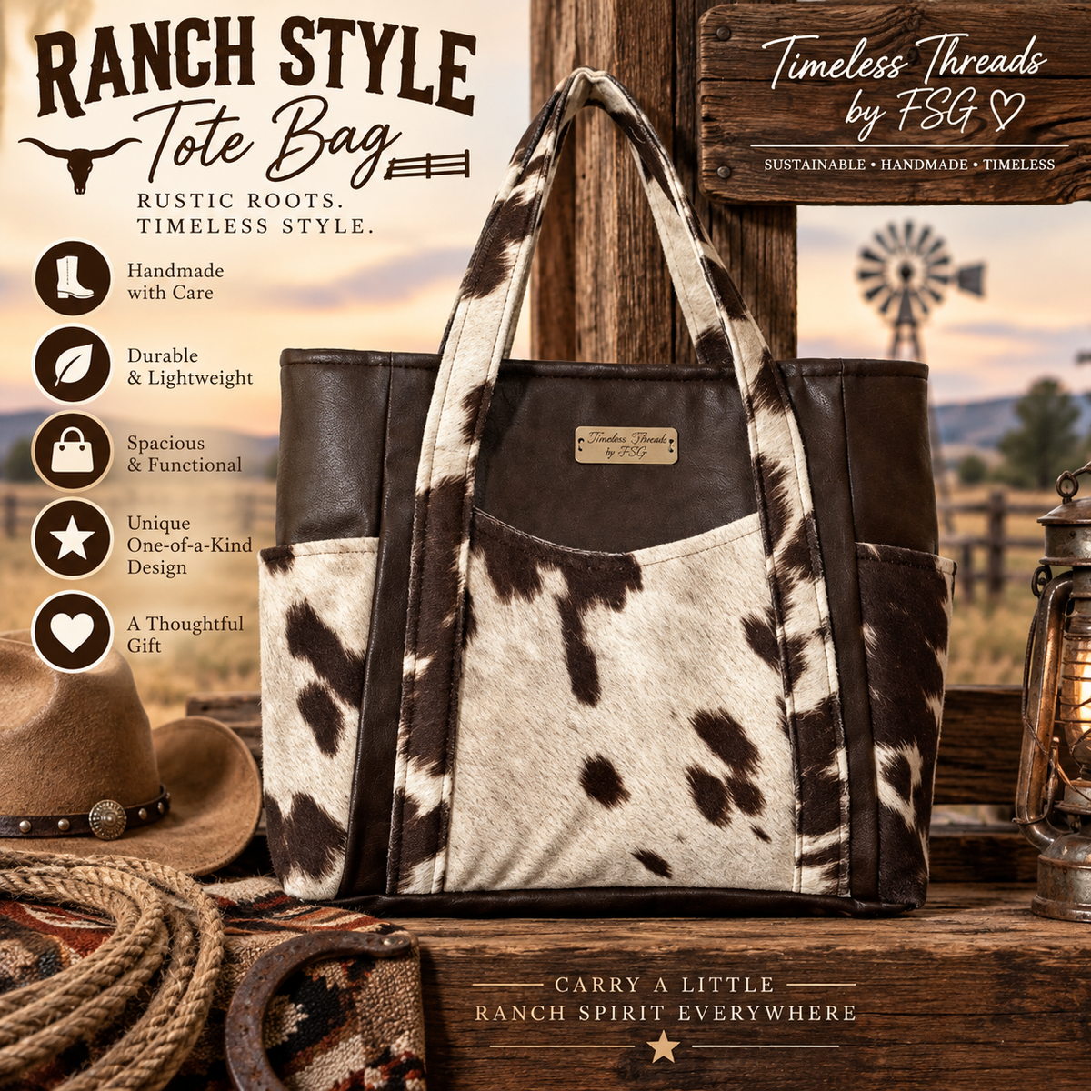 Ranch Style Cow Print Tote Bag