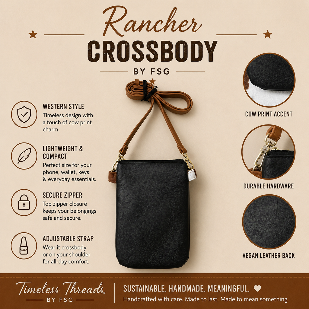 Rancher Crossbody – Cow Print & Black Vegan Leather Bag