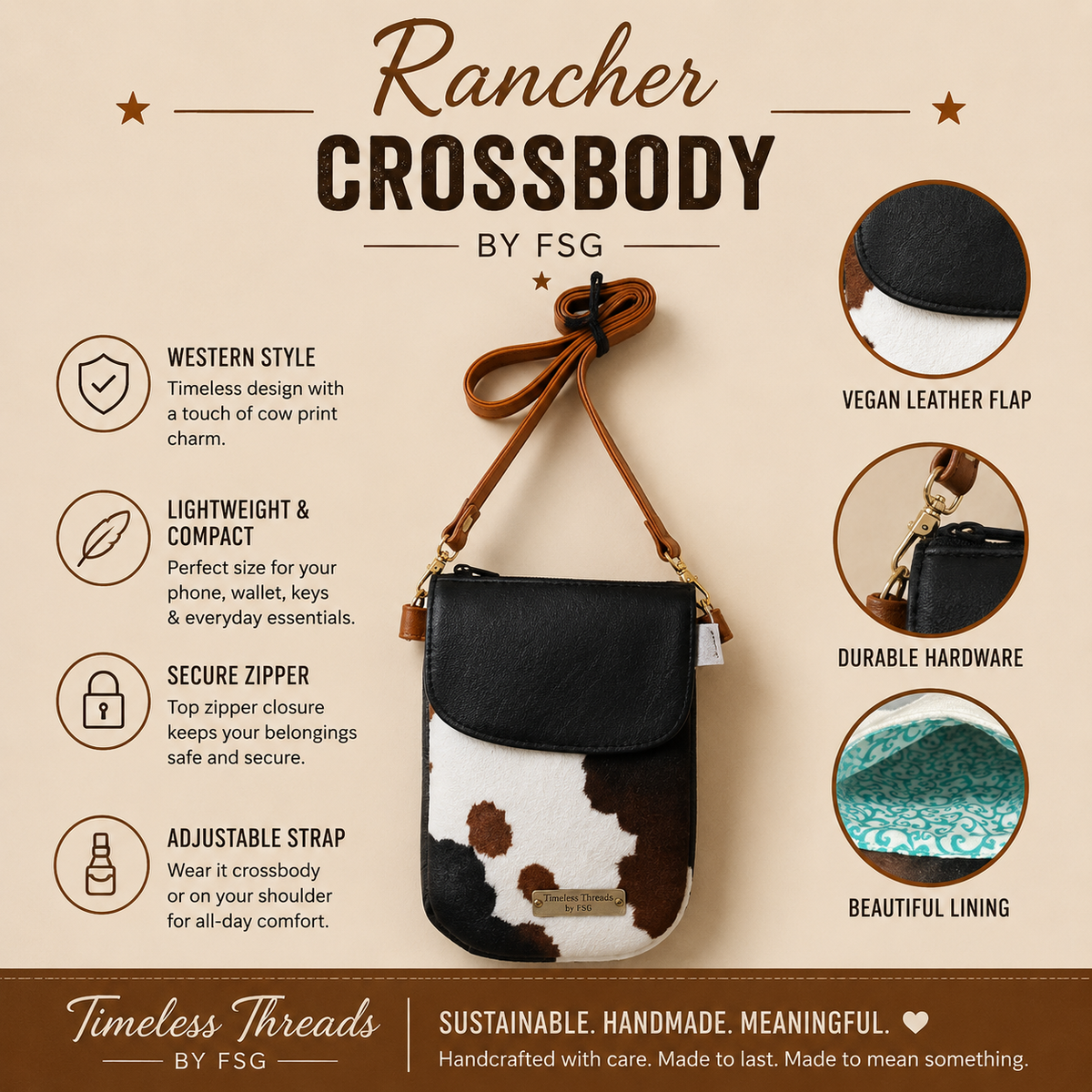 Rancher Crossbody – Cow Print & Black Vegan Leather Bag
