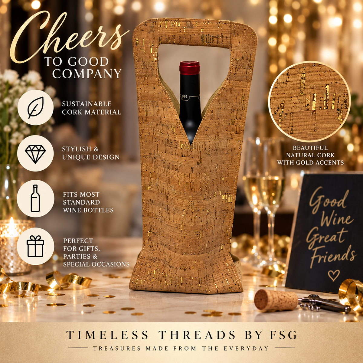 Natural Cork Wine Bottle Carrier – Reusable Wine Gift Bag
