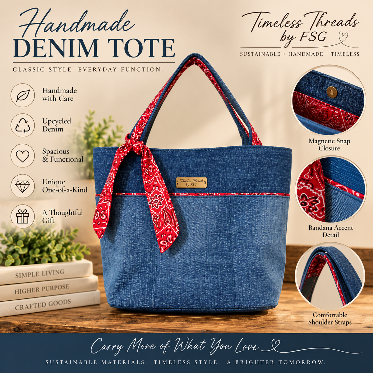 Upcycled Denim Tote Bag with Red Bandana Accent – Handmade