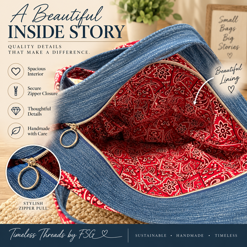 Upcycled Denim Tote Bag with Red Bandana Accent – Handmade