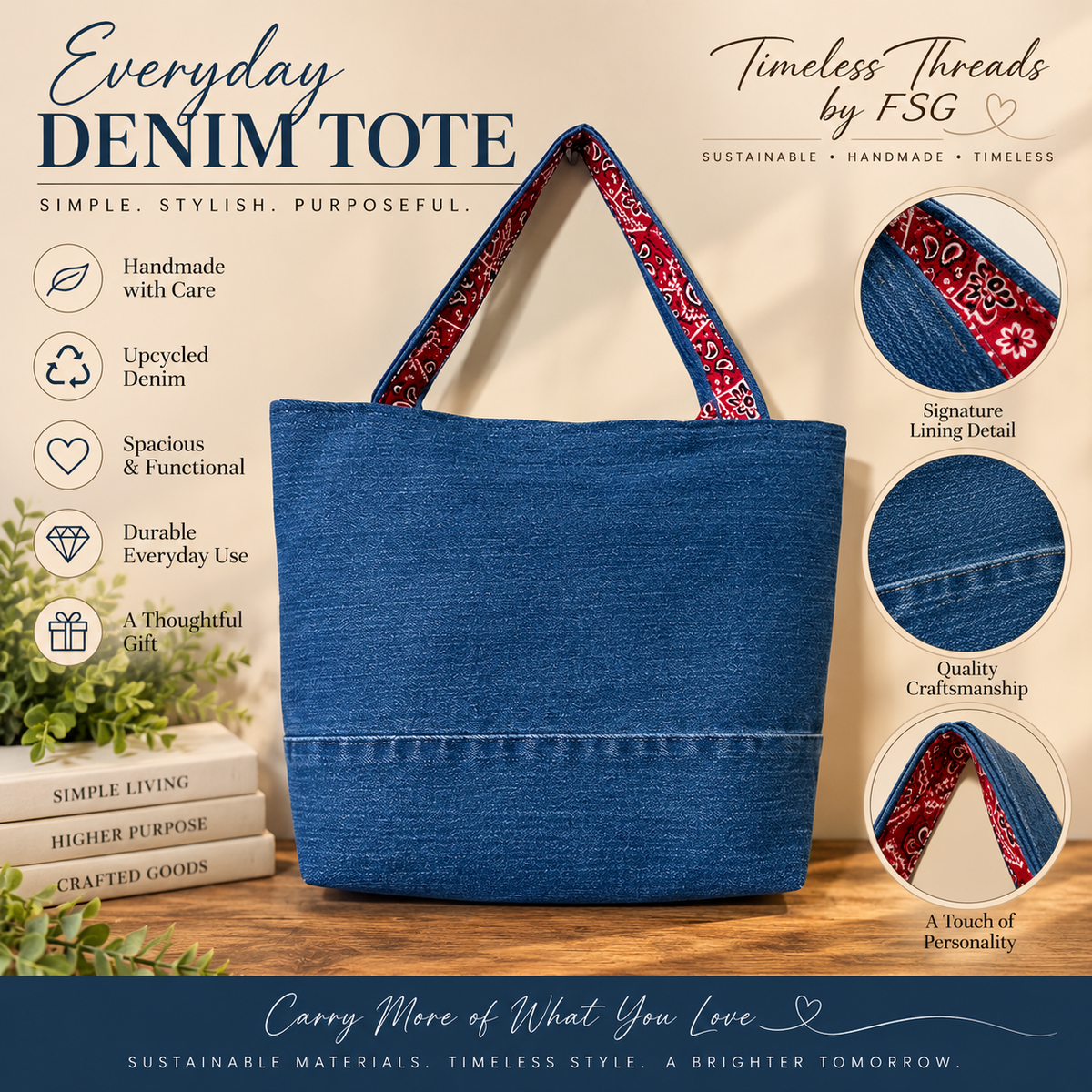 Upcycled Denim Tote Bag with Red Bandana Accent – Handmade