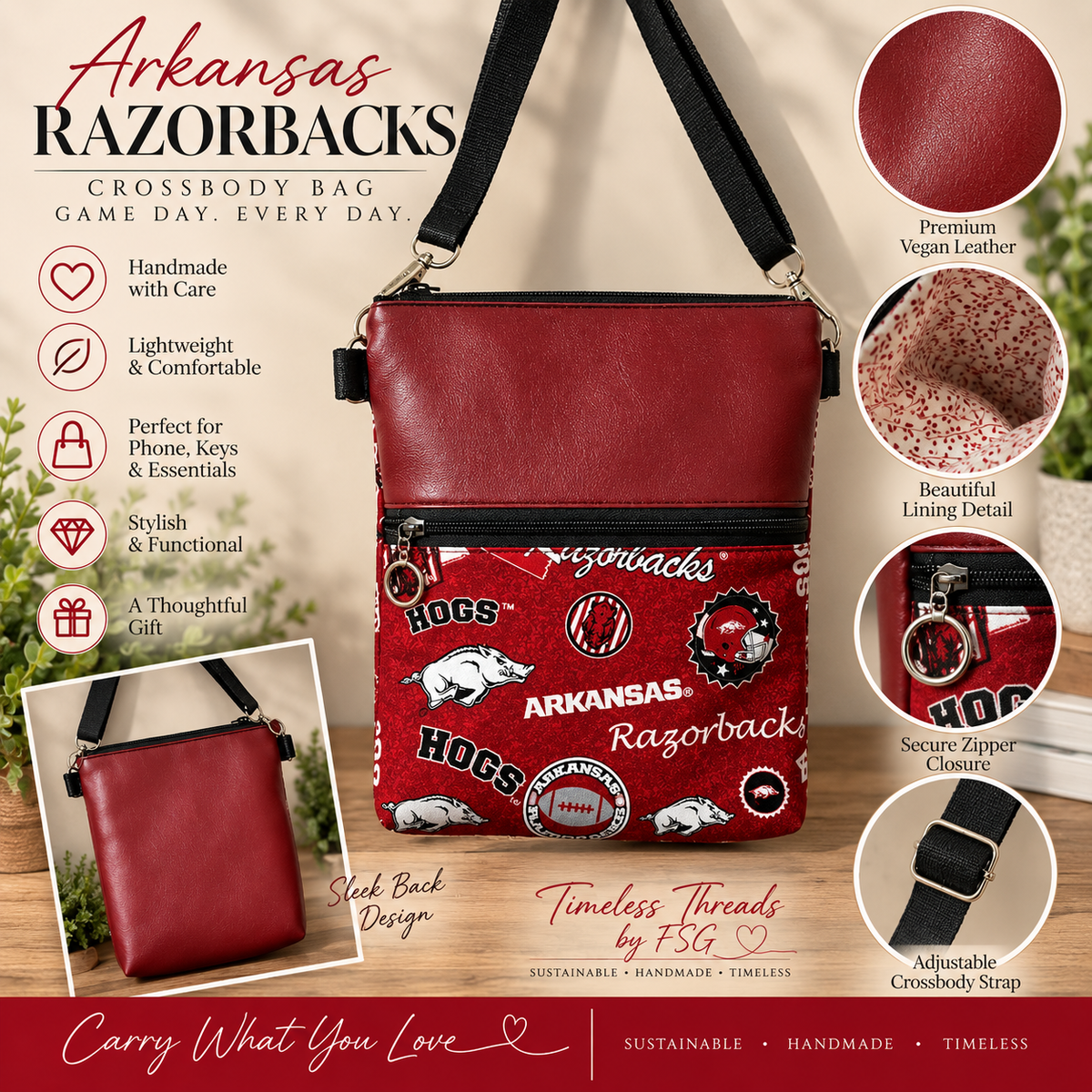 Arkansas Razorbacks Crossbody Bag – Handmade Team Spirit Purse