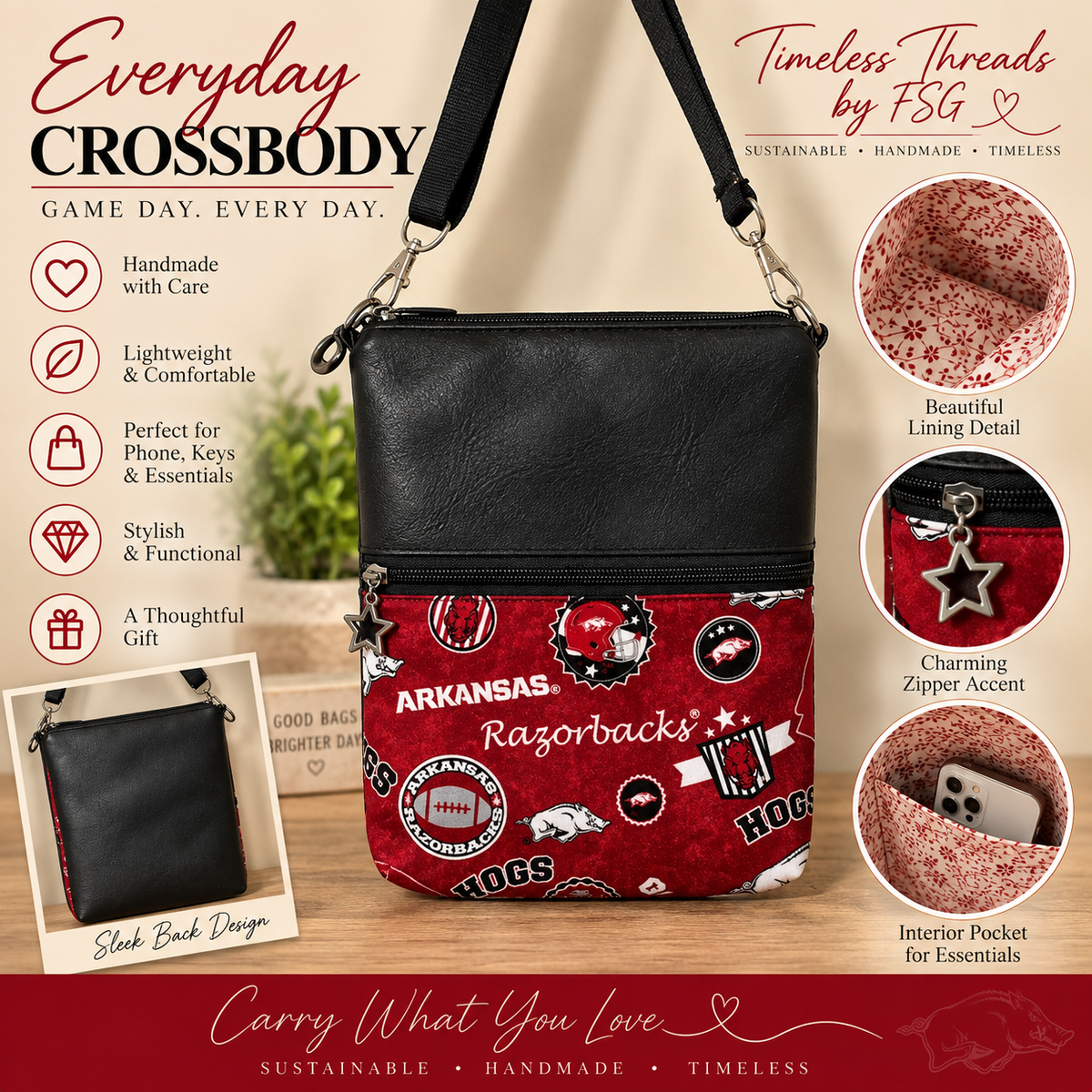 Arkansas Razorbacks Crossbody Bag – Handmade Team Spirit Purse