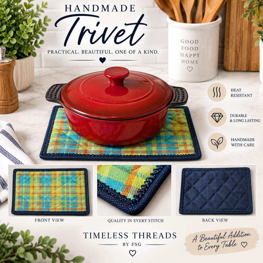 Handmade Quilted Trivet Set – Colorful Plaid & Navy