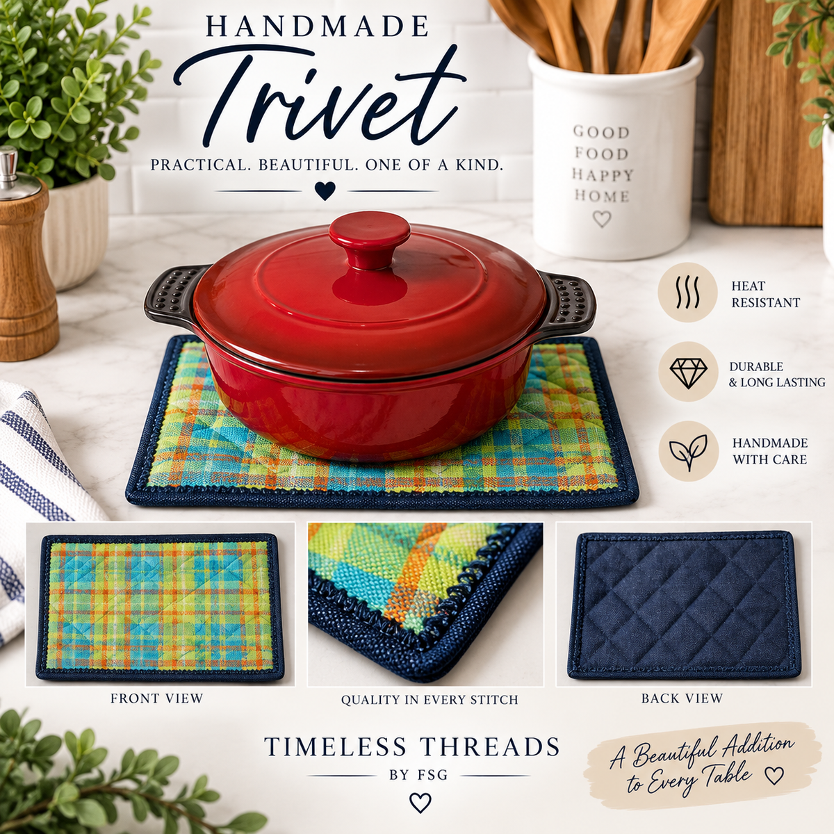 Handmade Quilted Trivet Set – Colorful Plaid & Navy