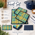 Handmade Quilted Trivet Set – Colorful Plaid & Navy