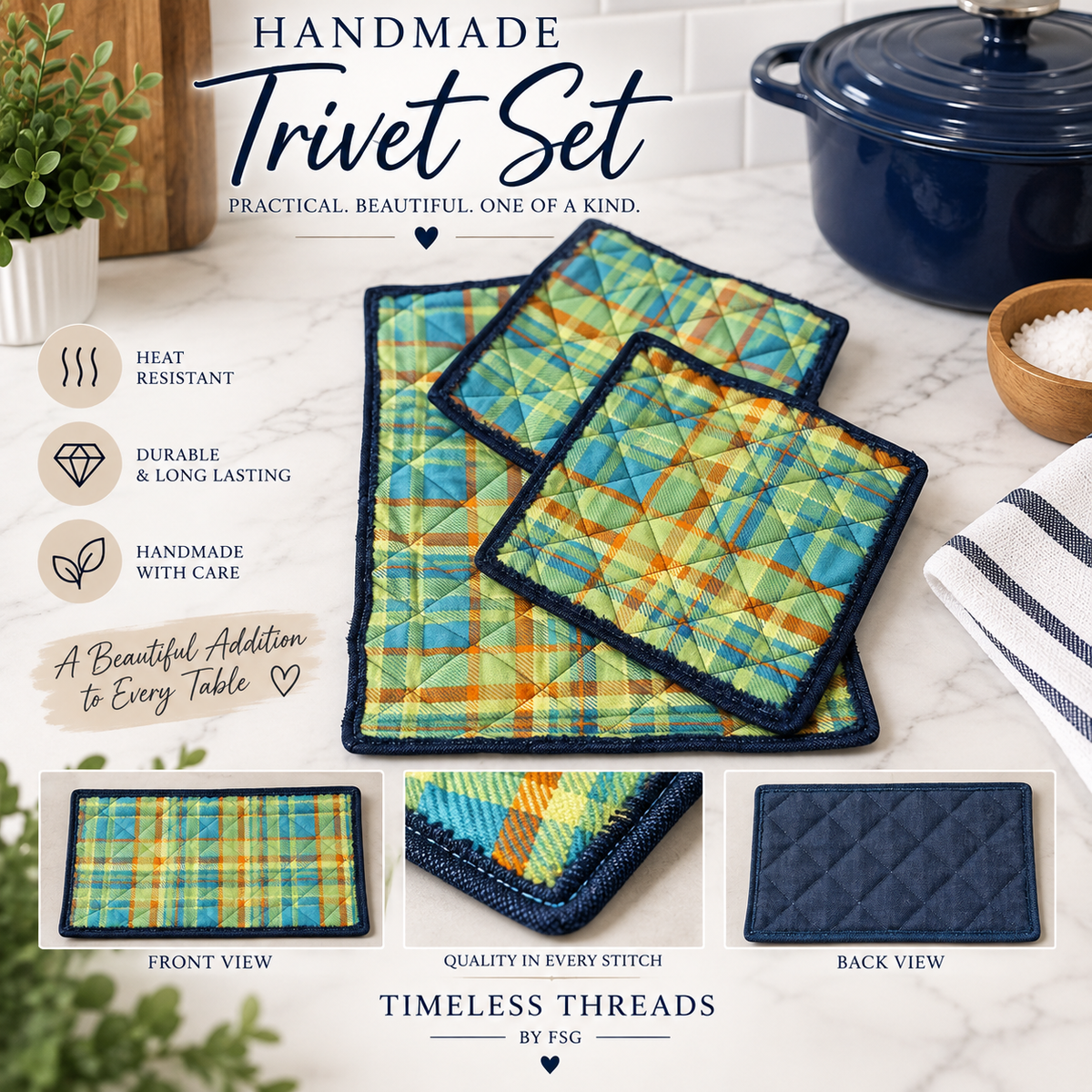 Handmade Quilted Trivet Set – Colorful Plaid & Navy