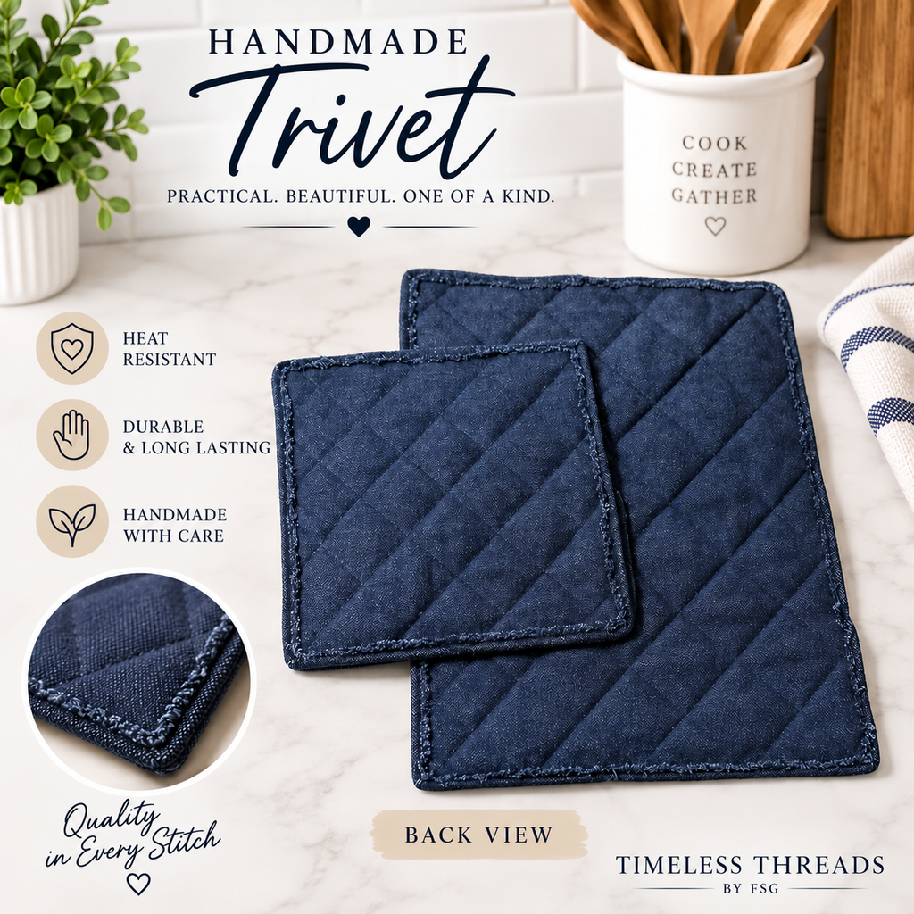 Handmade Quilted Trivet Set – Colorful Plaid & Navy