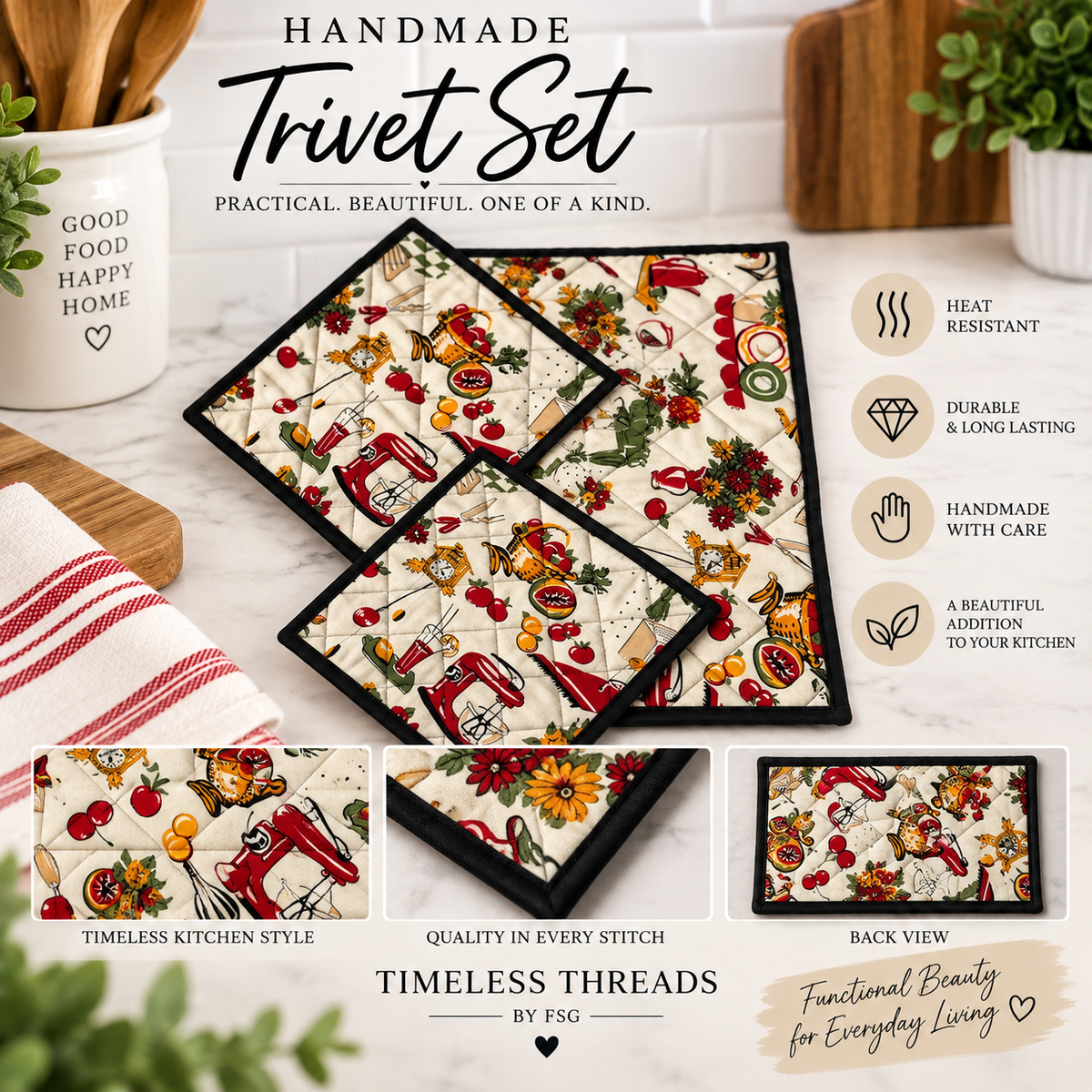 Handmade Quilted Trivet Set – Vintage Kitchen Print