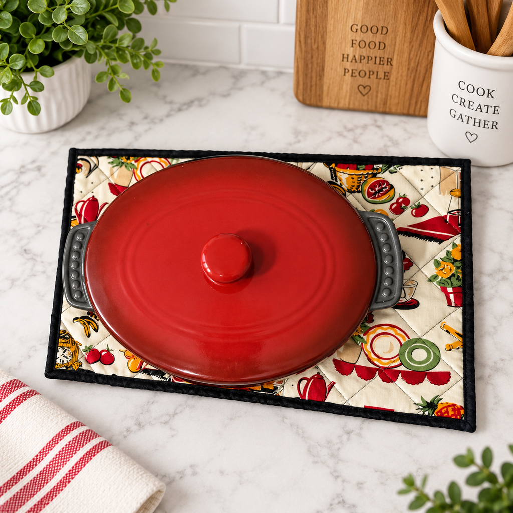 Handmade Quilted Trivet Set – Vintage Kitchen Print
