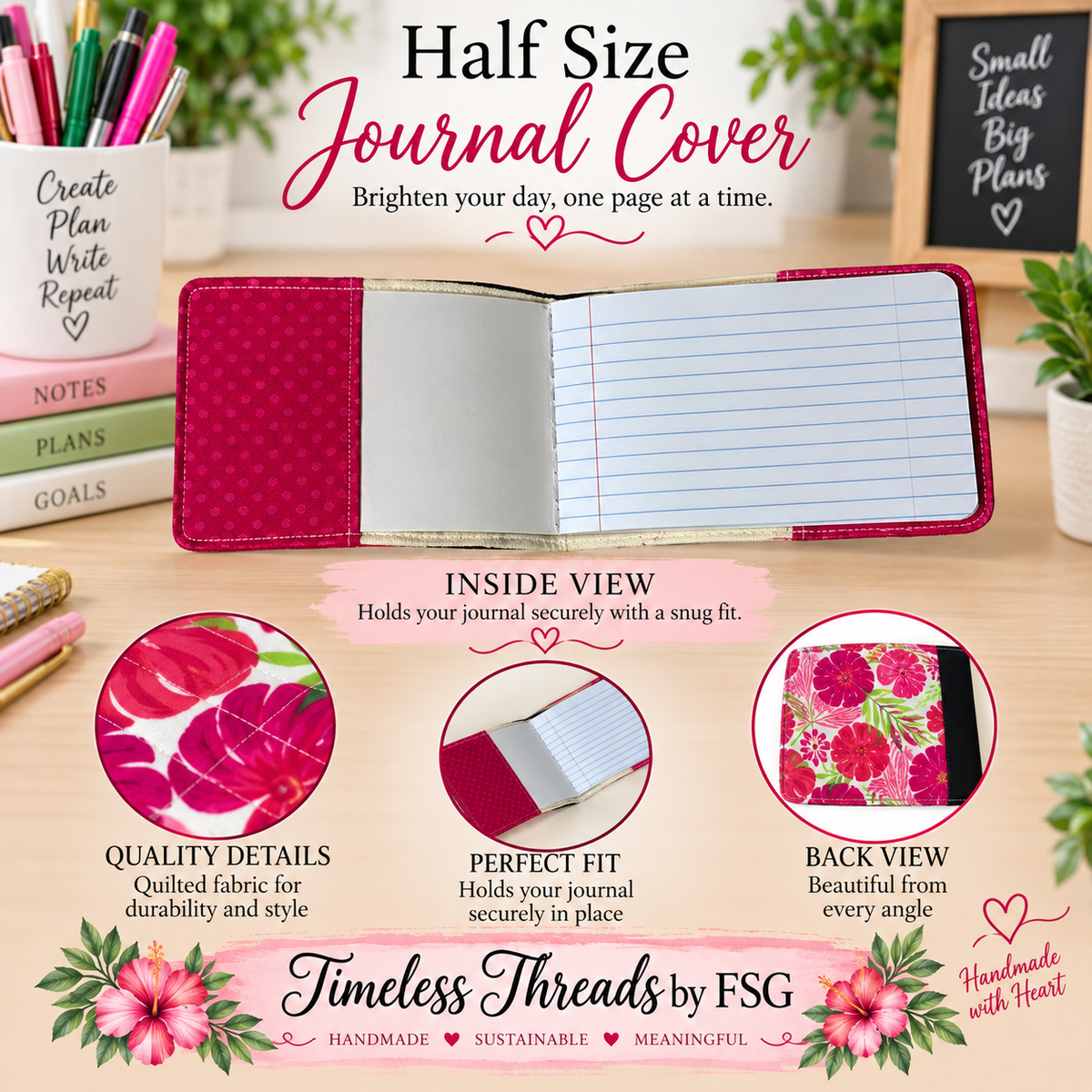 Pink Tropical Floral Half Size Journal Cover – Handmade & Reusable