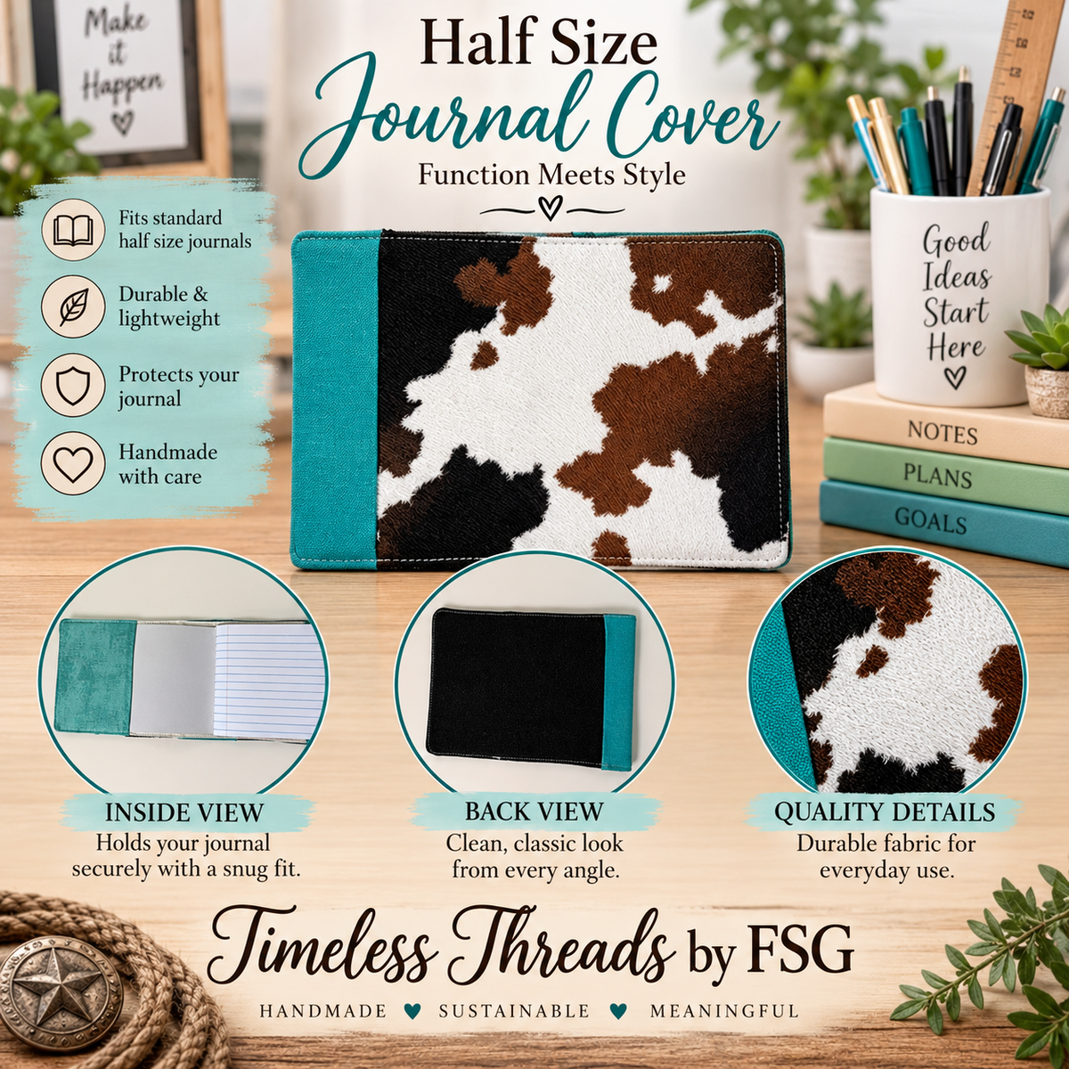 Cow Print & Teal Half Size Journal Cover – Handmade & Reusable