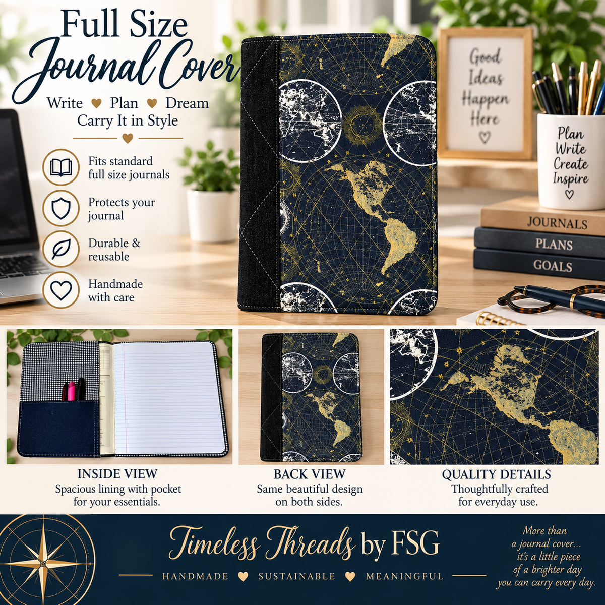 World Map Full Size Journal Cover – Handmade & Reusable