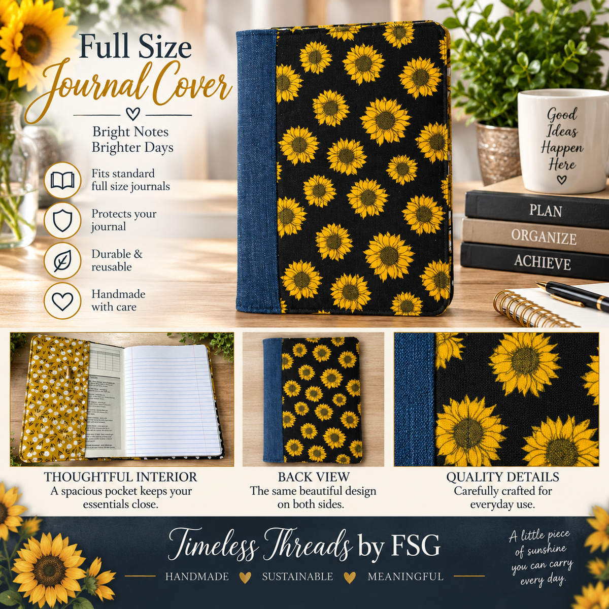 Sunflower Fabric Journal Cover – Handmade Reusable Notebook Cover