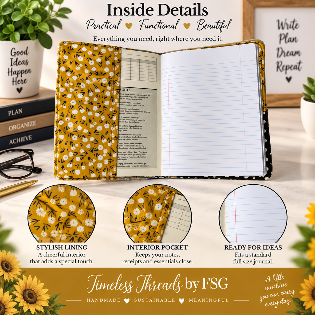 Sunflower Fabric Journal Cover – Handmade Reusable Notebook Cover