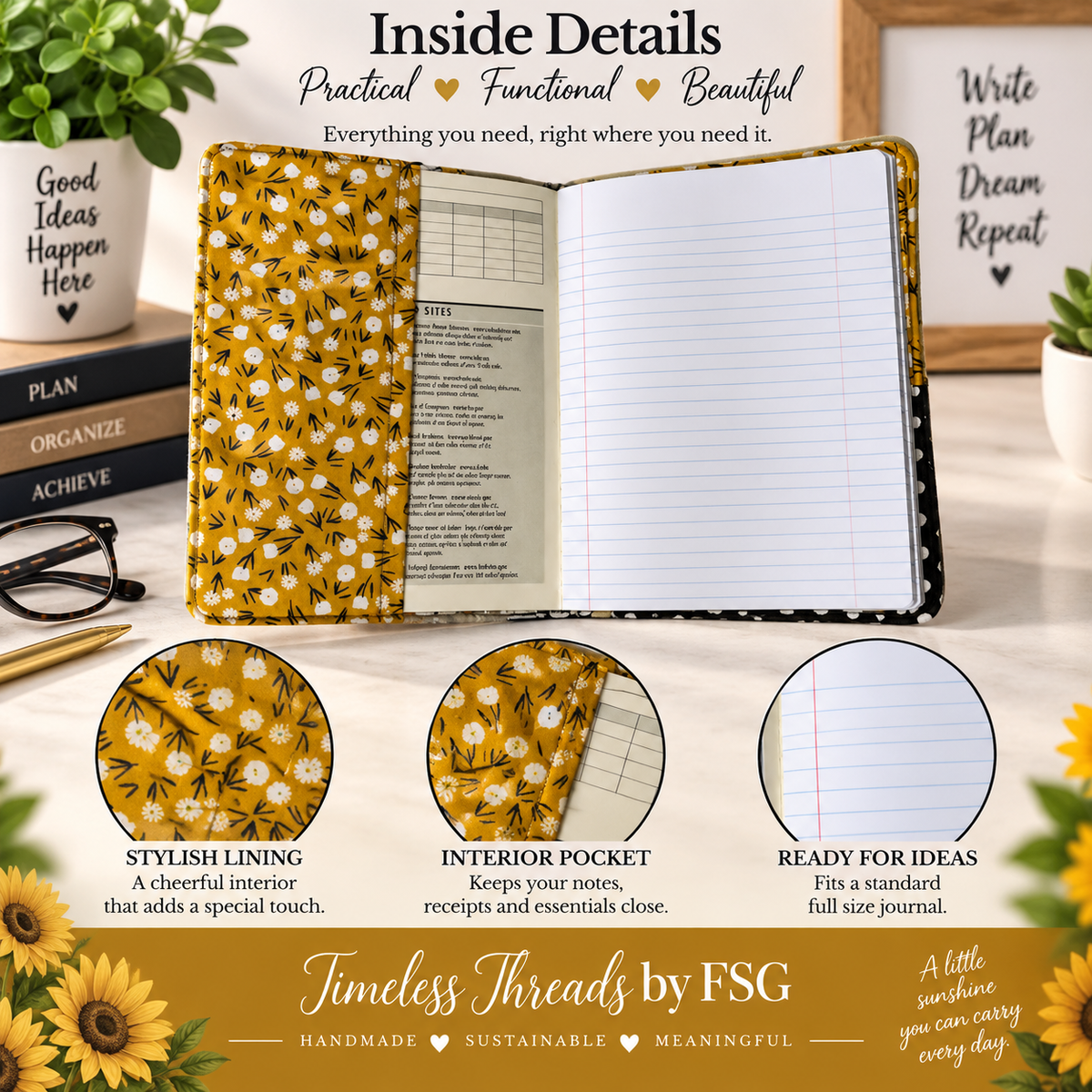 Sunflower Fabric Journal Cover – Handmade Reusable Notebook Cover